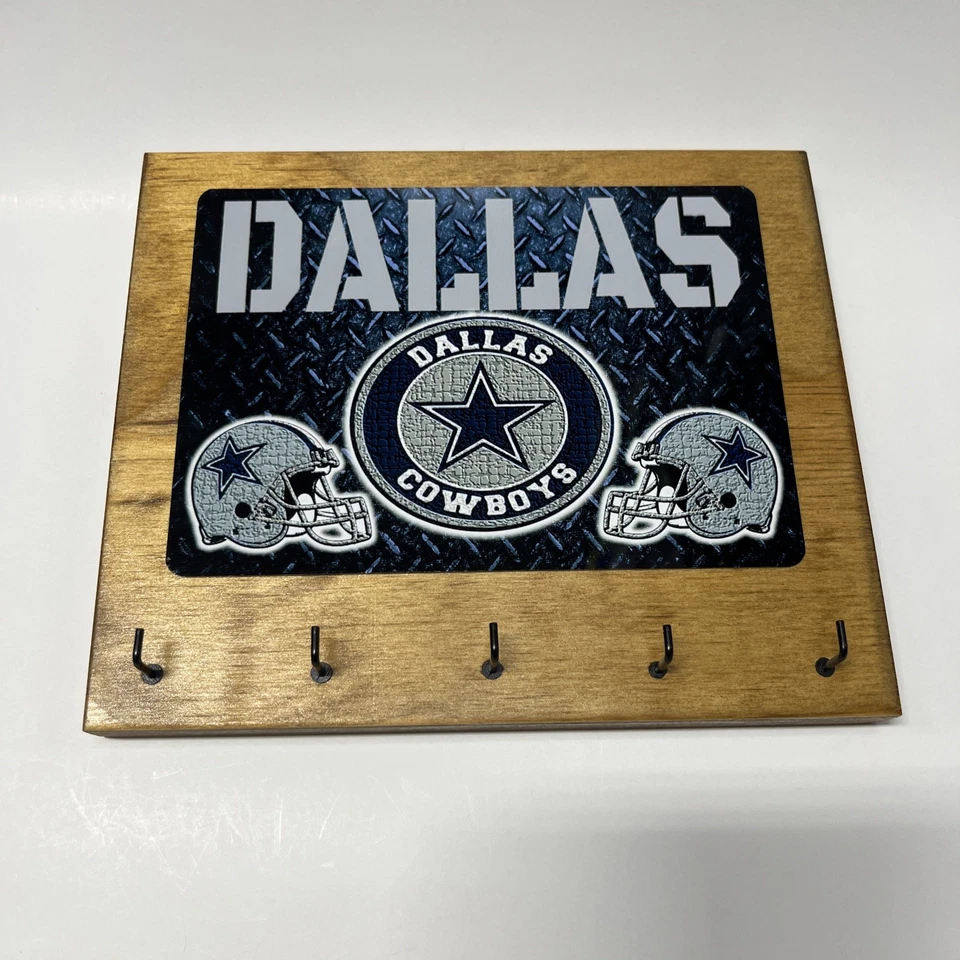DALLAS COWBOYS Rustic Home Office wall Man Cave decor key hanger holder 5 Hooks - Image 1 of 4