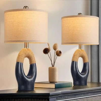  Juego de 2 Lámparas de Mesa Boho Ratán, 21" Lámparas de Cuerda de Granja para Dormitorio Azul Foto 1 de 4