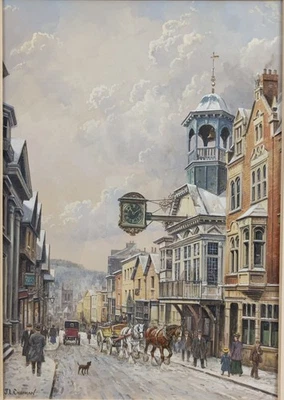 PINTURA GOUACHE FIRMADA ORIGINAL DE JOHN L CHAPMAN GUILDFORD HIGH STREET EN INVIERNO Foto 1 de 4