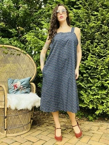 Vintage 1960s Pinafore Dress Ditsy Floral Stripe Print Navy Blue Size 18 - Picture 1 of 8