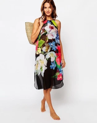 Vestido TED BAKER Negro Estampado Floral Forget Me Not Beach Cubrir Semi Transparente GRANDE Foto 1 de 4