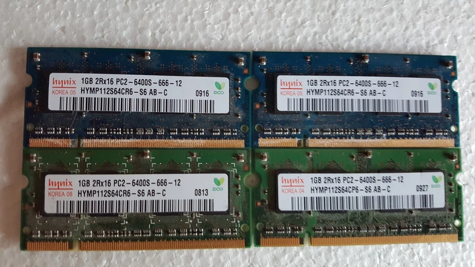 4X HYNIX 1GB, 2RX8, PC2-6400S-666-12, HYMP112s64cr6-s6 AB LAPTOP RAM - Image 1 of 1