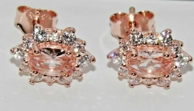 9ct Rose Gold on Silver Morganite & White Topaz Ladies Cluster Stud Earrings - - Image 1 of 4