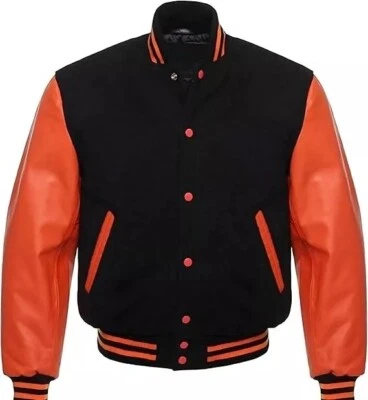Men's Varsity Letterman Jacket Black Orange Wool & Leather Baseball Bomber - image 1 of 3