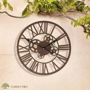 Outdoor Wall Clock Garden Cog Mechanical Design Bronze Effect Battery Round - Picture 1 of 24