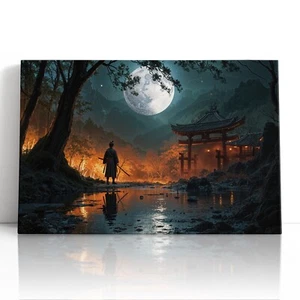 Samurai Krieger Mond Leinwandbild Wandbild - Japanischer Tempelnacht Wohndeko - Bild 1 von 10