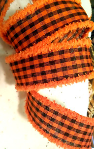 Fall Orange Black Gingham Check 1.5" x 1 yd Last One Fuzzy Chenille Wired Ribbon