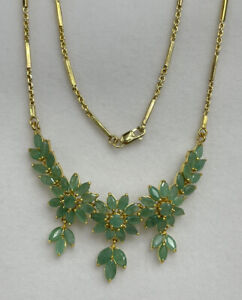 14k Solid Gold Flower Cluster Pendant Necklace/ Chain, Natural Emerald 10.93 Gr