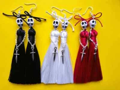 Halloween Tassel Skull Doll Earring Beautiful Spooky Jewelry Long Dangle Pair UK - Image 1 of 4