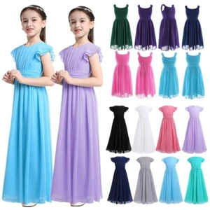 Kids Girls Bridesmaid Pleated Chiffon Long Dress Wedding Pageant Prom Ball Gown - Picture 1 of 75