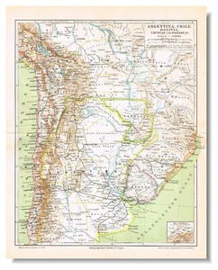 CHILE ARGENTINA BOLIVIA URUGUAY  PARAGUAY dated 1890  Original Antique  Map - Picture 1 of 14