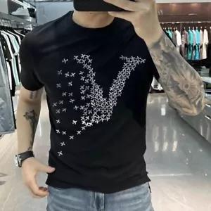 New Men Luxury Diamond Fashion Rhinestones Fashion T-Shirt High Quality 4 Colors - Picture 1 of 14