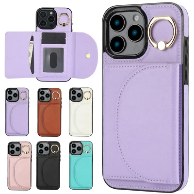For iPhone 16e 16 Pro Max 15 14 13 12 11 X Ring Stand Wallet Leather Purse Case - Image 1 of 4