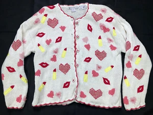 VTG Raphels Cardigan Womens Sweater Sz Medium Knitted Handmade Hearts Love Lips - Picture 1 of 8