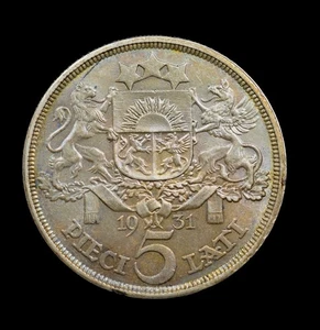 1931 Lettland 5 Lati Wahl Stempelglanz schöne Tönung - Silber - Dollar/Kronengröße - Bild 1 von 2