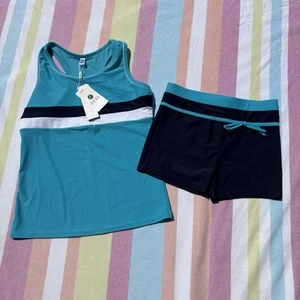 iEFiEL Costume da bagno bambina 2 pezzi Tankini Youth taglia 14 bicolore blu e bianco nuovo con etichette - Foto 1 di 7
