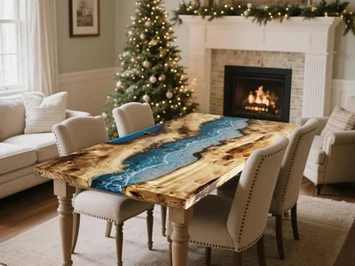 Wood Epoxy Resin Dining Table Top Custom Ocean Wave Table Handmade Solid Wood - Image 1 of 4