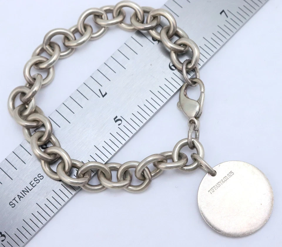 7.5" Sterling Silver 925 Tiffany & Co 10mm Rolo Link Chain Charm Bracelet ID Tag - Image 1 of 4