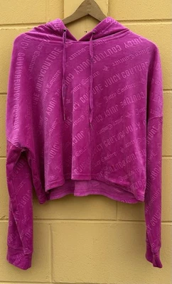 Juicy Couture Embossed Magenta Cropped Velour Hoodie Sweatshirt size L - Image 1 of 4