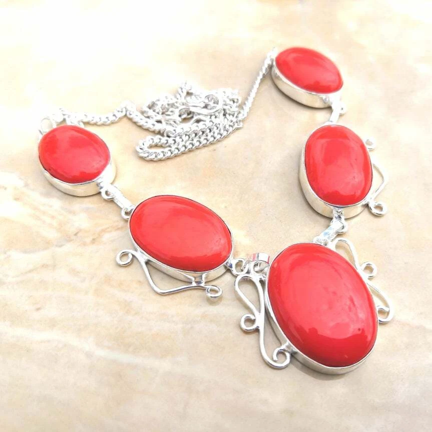 Handmade Corallo Rosso Diaspro Gemma 925 Argento Sterling Collana 20 " #N01755 - Immagine 1 di 1