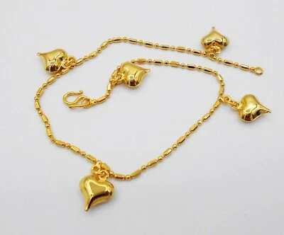 Hearts 22K 24K Gold Plated Foots Jewelry Bracelet Charm Ankle Anklets Bell 9" - Image 1 of 3