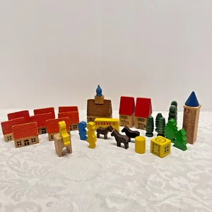 Vintage GERMAN Wooden Village Farm Miniature House Lot Set 29 Church Trees Pets - Picture 1 of 24