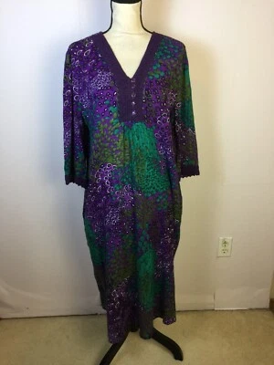 NUEVO SIN ETIQUETAS Catálogo Expresiones Vestido Midi Cambio XL Mujer Púrpura Estampado Pavo Real Cuello en V Foto 1 de 4