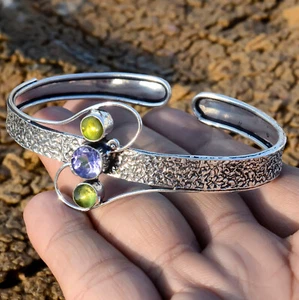 Amethyst Cut & Peridot Gemstone 925 Sterling Silver Handmade Bangls Cuff-x472 - Picture 1 of 7