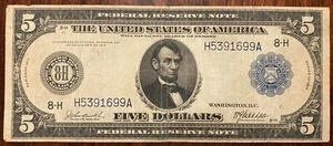 1914 $5 dollar bill. Blue Seal. Large Note. - Picture 1 of 2