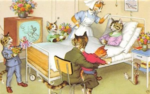 G91/ Gekleidet Katzen Alfred Mainzer Postkarte um 1940 Krankenhaus Bettbesuch 15 - Bild 1 von 4
