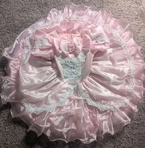 Vintage Girls Pink Satin Pageant Party Dress Pearl Lace Ruffle Tulle Full Circle - Picture 1 of 15