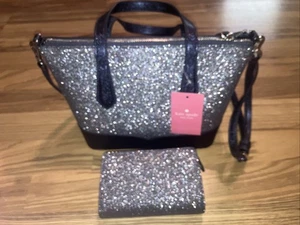 Borsa e portafoglio Kate Spade Glimmer glitter nuovo con etichetta blu navy - Foto 1 di 6