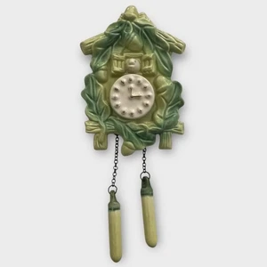McCoy Cuckoo Clock Planter Glazed Pottery Yellow Green MCM Unmarked Kitsch - Picture 1 of 10