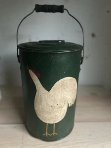 Antike bemalte rustikale Flintendose mit Deckel und Bügelgriff Huhn - Bild 1 von 15