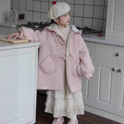 UK Kids Girls Faux Wool Overcoat hooded Parka MidLength Coat Thicken Warm Jacket - Image 1 of 4