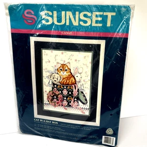 Sunset Stitchery Vintage 1993 CAT IN A HAT BOX Crewel Embroidery Kit NEW WOOL - Picture 1 of 5