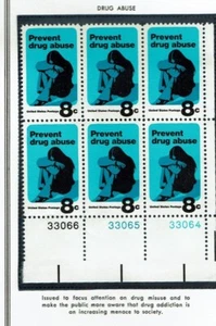 1971 U.S. Commem 8c DRUG ABUSE  Plt#Block of 6  Sc#1438-41  M/NH/OG - Picture 1 of 1