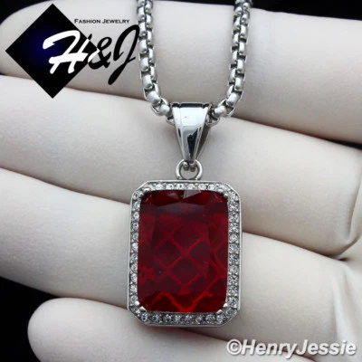 24"MEN Stainless Steel 3mm Silver Box Link Chain Simulated Ruby Pendant*P98      - Image 1 of 4