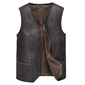 New Mens Brown Real Genuine Sheepskin Leather Shearling Vest Artificial Fur Vest - Picture 1 of 3