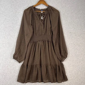 Old Navy Dress Women's Medium Brown Keyhole Neck Long Sleeve Smocked Waist NWT - Picture 1 of 11