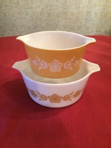 2 cuencos mezcladores Pyrex 1960-1970 oro mariposa, 473-1 Qt, 474B-1 1/2 Qt, ¡hermosos! - Imagen 1 de 8