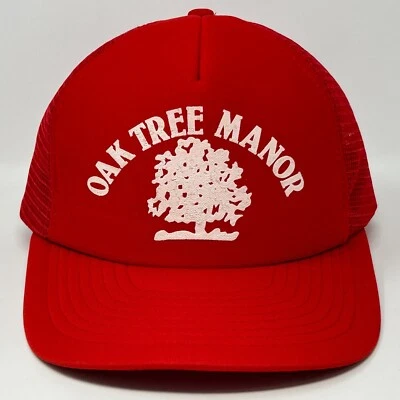 Gorra de béisbol de camionero vintage años 80 Oak Tree Manor roja primavera Texas Snapback Foto 1 de 4