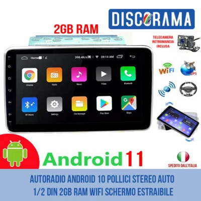 AUTORADIO ANDROID 10 POLLICI STEREO AUTO 1/2 DIN 2GB RAM WIFI SCHERMO ESTRAIBILE - Immagine 1 di 4