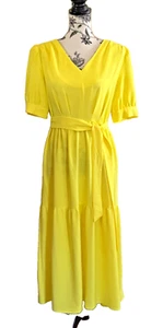 DKNY Womens Maxi Dress Yellow Puff Short Sleeves Tie at Waist size 10 - Picture 1 of 12