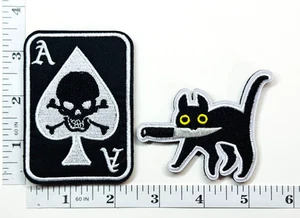 Embroidered 2-Patch Set - Funny Combo - Ace of Spades - Black Cat With Knife - Picture 1 of 1