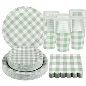200 piezas platos de papel de guinga verde salvia y servilletas taza... - Imagen 1 de 9