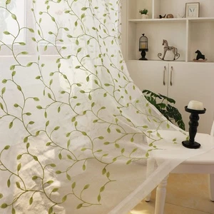 2 Panels Green Embroidered Leaves Sheer Curtain Faux Linen Semi Sheer Voile W... - Picture 1 of 6