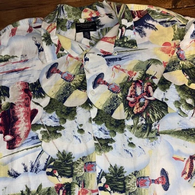 Camisa de Campamento Hawaiana American Eagle De Colección Hombres 2XL Lino Colorido Hula Girl Tiki Foto 1 de 4