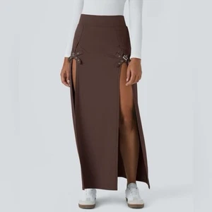 HALARA Brown High Waisted Decorative Buckle Split 2-in-1 Maxi Casual Skirt XL - Picture 1 of 6