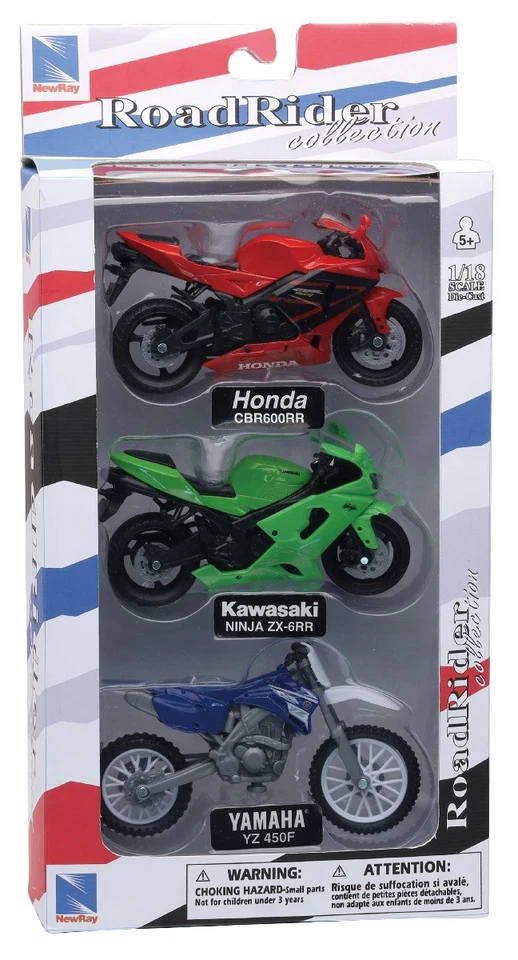 NEWRAY,Set of 3 HONDA KAWASAKI and YAMAHA motorcycles, 1/18, NEW67015B - Image 1 of 1